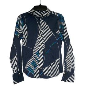 PAPERWHITE Artsy Cotton Shirt Women’s SIZE 4 Blue Geometric Button Long Sleeve